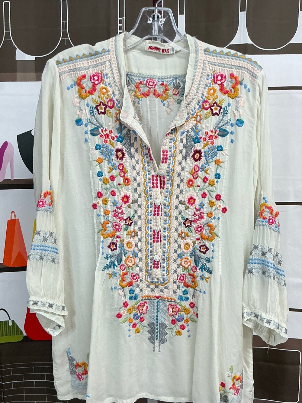 Johnny Was Ivory Embroidered Floral Tunic Top Size Large #2281